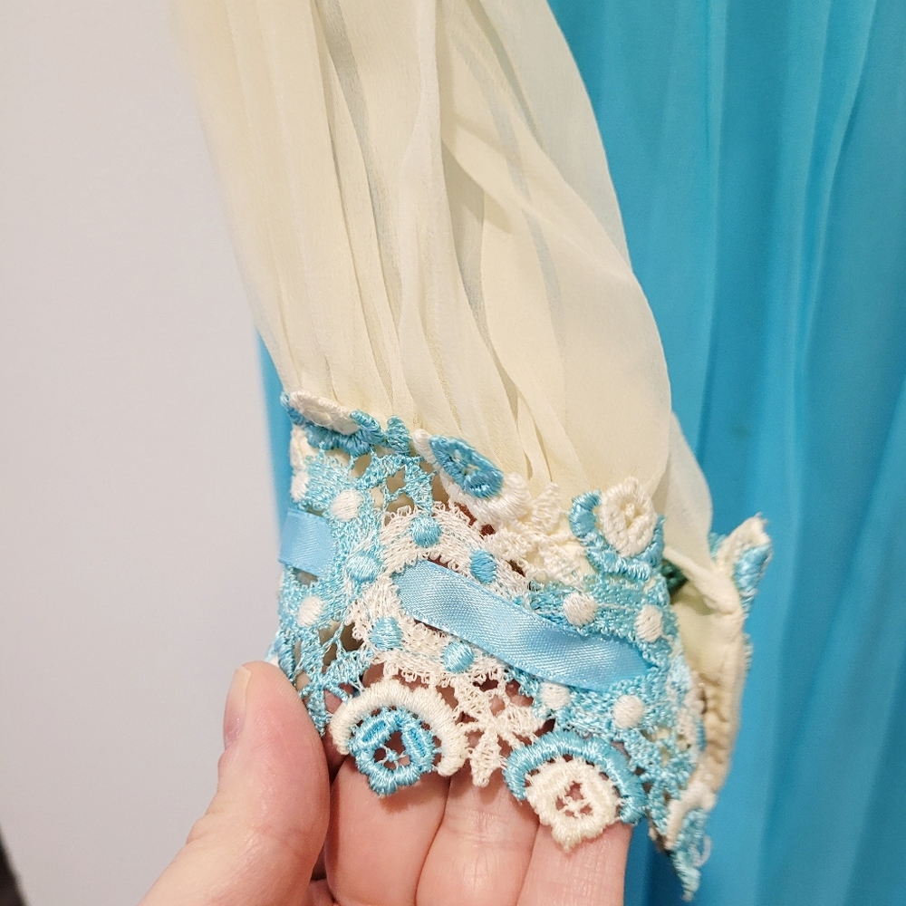 Vintage 1970s blue and ivory tulle embroidered floral maxi dress gown - Picture 11 of 14